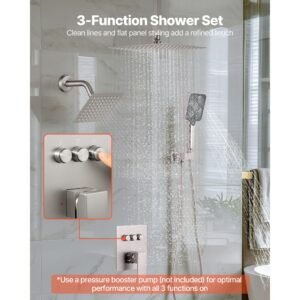shower faucet set, 12 inch ceiling mount rainfall shower system with 6 inch wall mount head and 4 in 1 handheld spray, rotatable 3 function dual rain head brass valve & trim kit, brushed nickel