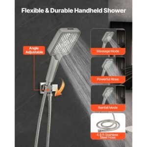 shower faucet set, 12 inch ceiling mount rainfall shower system with 6 inch wall mount head and 4 in 1 handheld spray, rotatable 3 function dual rain head brass valve & trim kit, brushed nickel