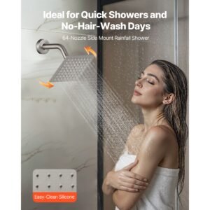 shower faucet set, 12 inch ceiling mount rainfall shower system with 6 inch wall mount head and 4 in 1 handheld spray, rotatable 3 function dual rain head brass valve & trim kit, brushed nickel
