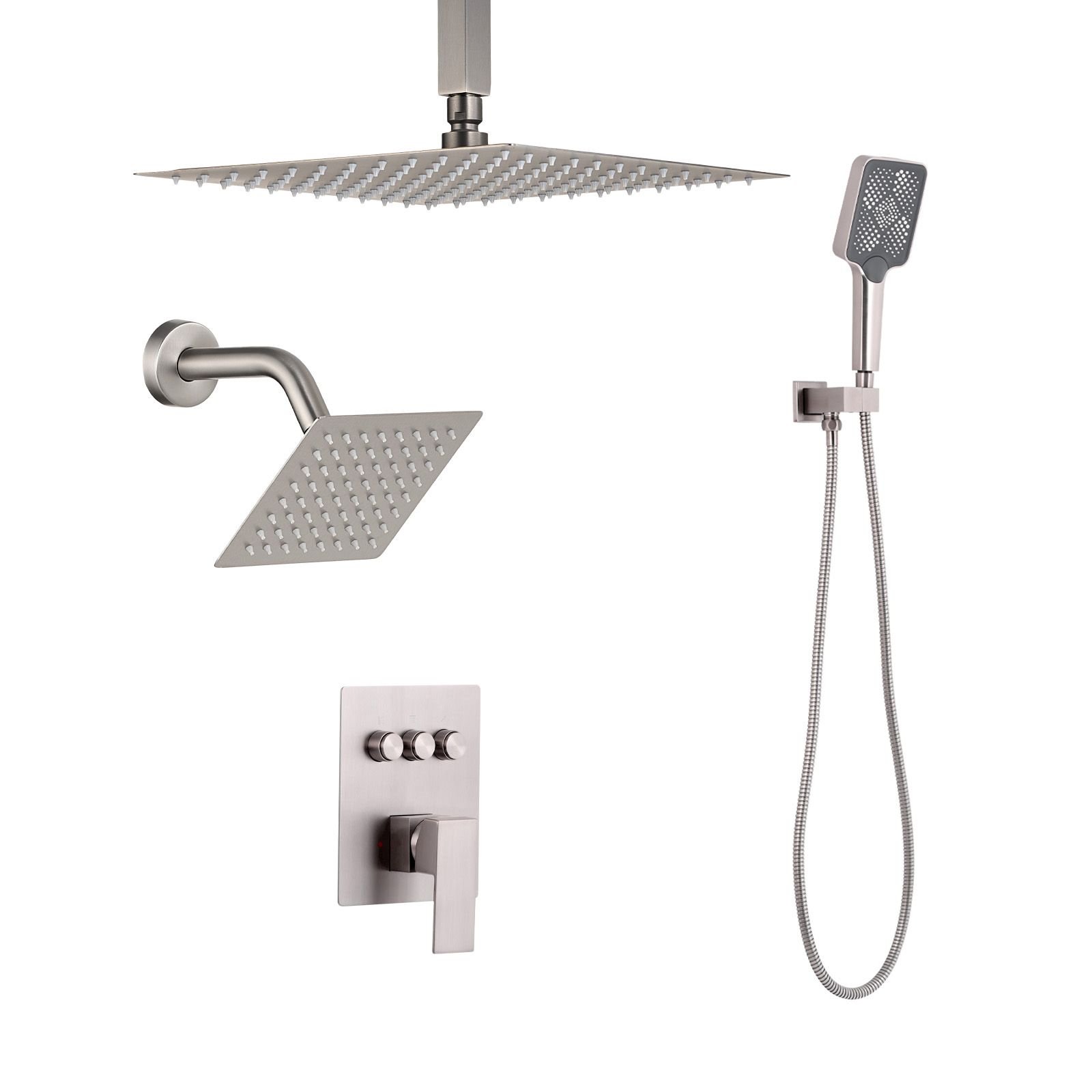 shower faucet set, 12 inch ceiling mount rainfall shower system with 6 inch wall mount head and 4 in 1 handheld spray, rotatable 3 function dual rain head brass valve & trim kit, brushed nickel