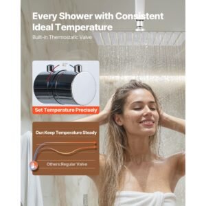 shower faucet set, 12 inch thermostatic ceiling mount rainfall shower system with 6 inch wall mount head and 2 in 1 handheld spray, 3 function dual rain head brass valve and trim kit, chrome