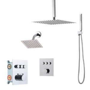 Shower Faucet Set, 12 Inch Thermostatic Ceiling Mount Rainfall Shower System with 6 Inch Wall Mount Head and 2 in 1 Handheld Spray, 3-Function Dual Rain Head Brass Valve and Trim Kit, Chrome