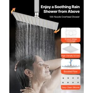 shower faucet set, 12 inch thermostatic ceiling mount rainfall shower system with 6 inch wall mount head and 2 in 1 handheld spray, 3 function dual rain head brass valve and trim kit, chrome