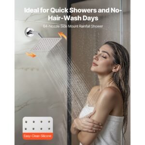 shower faucet set, 12 inch thermostatic ceiling mount rainfall shower system with 6 inch wall mount head and 2 in 1 handheld spray, 3 function dual rain head brass valve and trim kit, chrome