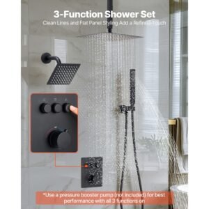 shower faucet set, 12 inch thermostatic ceiling mount rainfall shower system with 6 inch wall mount head and 2 in 1 handheld spray, 3 function dual rain head brass valve & trim kit, matte black