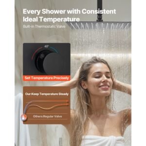 shower faucet set, 12 inch thermostatic ceiling mount rainfall shower system with 6 inch wall mount head and 2 in 1 handheld spray, 3 function dual rain head brass valve & trim kit, matte black