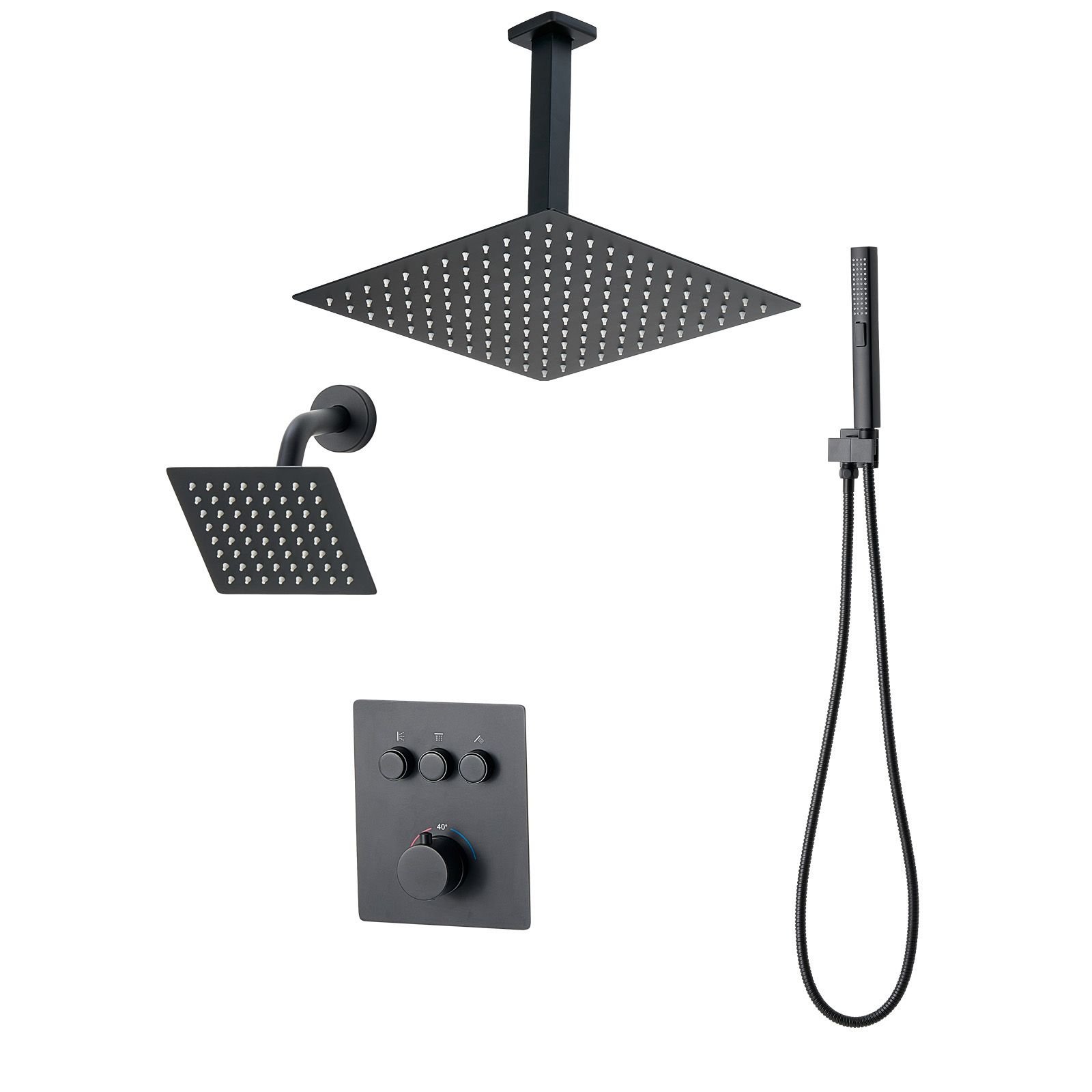 shower faucet set, 12 inch thermostatic ceiling mount rainfall shower system with 6 inch wall mount head and 2 in 1 handheld spray, 3 function dual rain head brass valve & trim kit, matte black