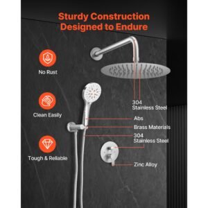 shower faucet set, rainfall bathroom shower system with 10 inch round rain shower head and handheld spray, wall mounted bath fixtures with brass valve and trim kit, brushed nickel