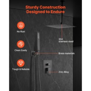 shower faucet set, rainfall bathroom shower system with 10 inch square rain shower head and handheld spray, ceiling mount bath fixtures with brass valve and trim kit, matte black