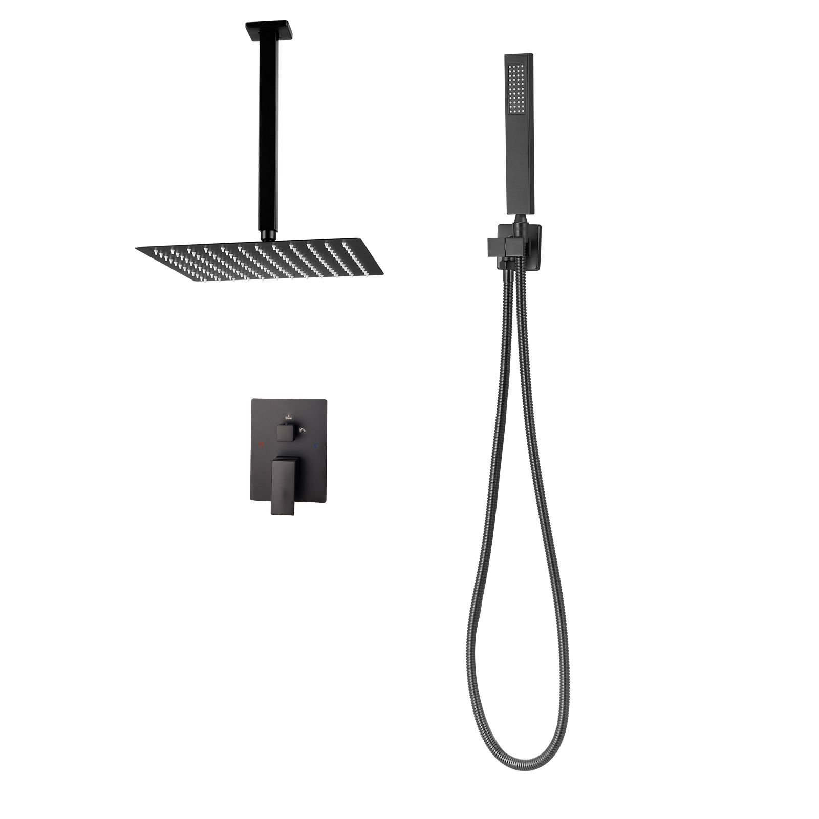 shower faucet set, rainfall bathroom shower system with 10 inch square rain shower head and handheld spray, ceiling mount bath fixtures with brass valve and trim kit, matte black