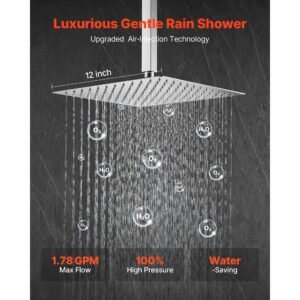 shower faucet set, rainfall bathroom shower system with 12 inch square rain shower head and handheld spray, ceiling mount bath fixtures with brass valve and trim kit, brushed nickel