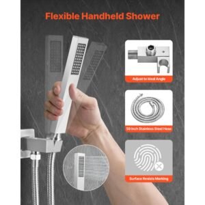 shower faucet set, rainfall bathroom shower system with 12 inch square rain shower head and handheld spray, ceiling mount bath fixtures with brass valve and trim kit, brushed nickel