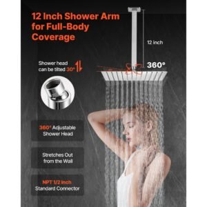 shower faucet set, rainfall bathroom shower system with 12 inch square rain shower head and handheld spray, ceiling mount bath fixtures with brass valve and trim kit, brushed nickel