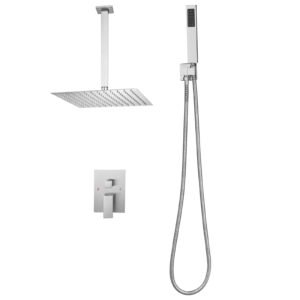 Shower Faucet Set, Rainfall Bathroom Shower System with 12-Inch Square Rain Shower Head and Handheld Spray, Ceiling Mount Bath Fixtures with Brass Valve and Trim Kit, Brushed Nickel