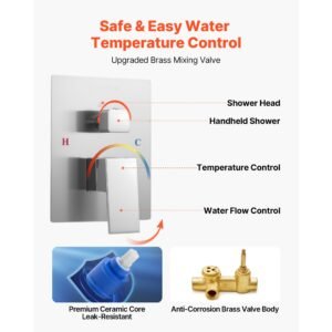 shower faucet set, rainfall bathroom shower system with 12 inch square rain shower head and handheld spray, ceiling mount bath fixtures with brass valve and trim kit, brushed nickel