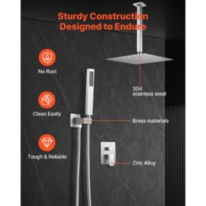 shower faucet set, rainfall bathroom shower system with 12 inch square rain shower head and handheld spray, ceiling mount bath fixtures with brass valve and trim kit, brushed nickel