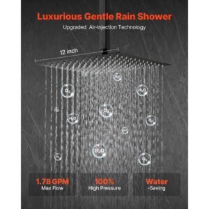 shower faucet set, rainfall bathroom shower system with 12 inch square rain shower head and handheld spray, ceiling mount bath fixtures with brass valve and trim kit, matte black