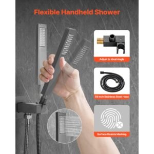 shower faucet set, rainfall bathroom shower system with 12 inch square rain shower head and handheld spray, ceiling mount bath fixtures with brass valve and trim kit, matte black