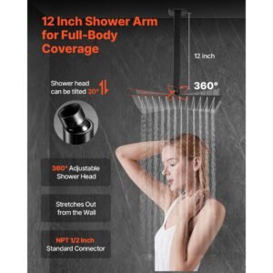 shower faucet set, rainfall bathroom shower system with 12 inch square rain shower head and handheld spray, ceiling mount bath fixtures with brass valve and trim kit, matte black