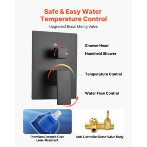 shower faucet set, rainfall bathroom shower system with 12 inch square rain shower head and handheld spray, ceiling mount bath fixtures with brass valve and trim kit, matte black