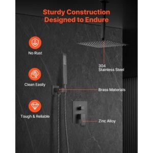 shower faucet set, rainfall bathroom shower system with 12 inch square rain shower head and handheld spray, ceiling mount bath fixtures with brass valve and trim kit, matte black