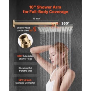 shower faucet set, rainfall bathroom shower system with 12 inch square rain shower head and handheld spray, wall mounted bath fixtures with brass valve and trim kit, brushed gold