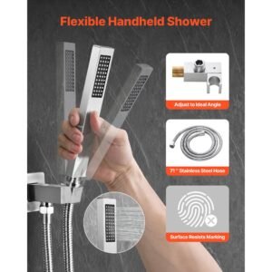shower faucet set, rainfall bathroom shower system with 12 inch square rain shower head and handheld spray, wall mounted bath fixtures with brass valve and trim kit, brushed nickel
