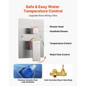 shower faucet set, rainfall bathroom shower system with 12 inch square rain shower head and handheld spray, wall mounted bath fixtures with brass valve and trim kit, brushed nickel