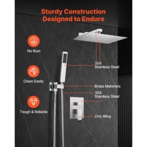 shower faucet set, rainfall bathroom shower system with 12 inch square rain shower head and handheld spray, wall mounted bath fixtures with brass valve and trim kit, brushed nickel