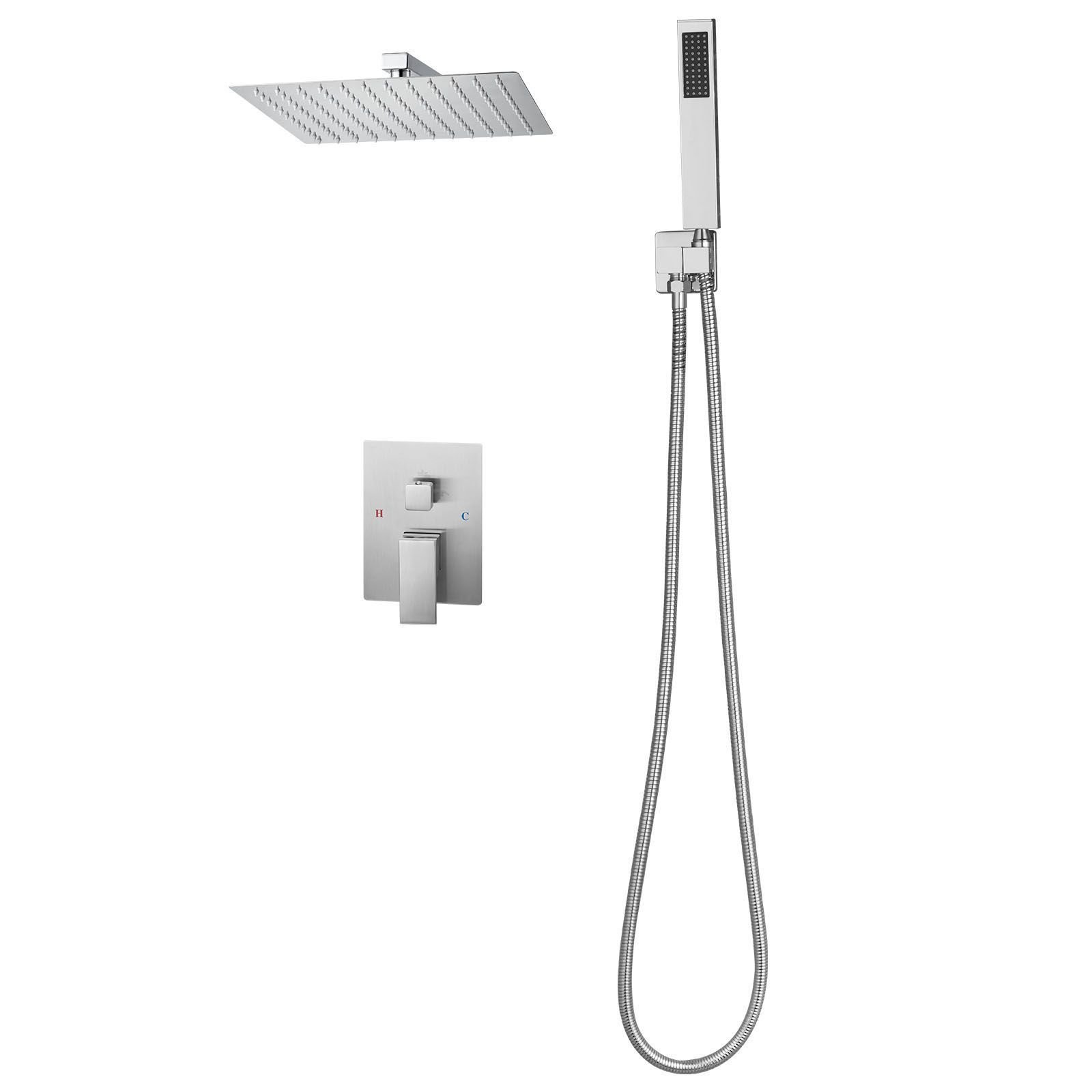 shower faucet set, rainfall bathroom shower system with 12 inch square rain shower head and handheld spray, wall mounted bath fixtures with brass valve and trim kit, brushed nickel