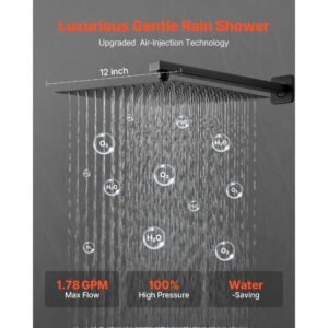 shower faucet set, rainfall bathroom shower system with 12 inch square rain shower head and handheld spray, wall mounted bath fixtures with brass valve and trim kit, matte black
