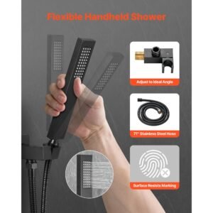 shower faucet set, rainfall bathroom shower system with 12 inch square rain shower head and handheld spray, wall mounted bath fixtures with brass valve and trim kit, matte black