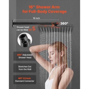 shower faucet set, rainfall bathroom shower system with 12 inch square rain shower head and handheld spray, wall mounted bath fixtures with brass valve and trim kit, matte black