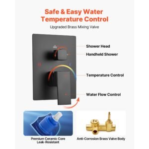 shower faucet set, rainfall bathroom shower system with 12 inch square rain shower head and handheld spray, wall mounted bath fixtures with brass valve and trim kit, matte black