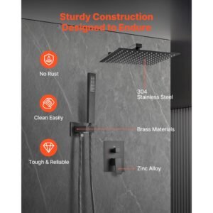 shower faucet set, rainfall bathroom shower system with 12 inch square rain shower head and handheld spray, wall mounted bath fixtures with brass valve and trim kit, matte black