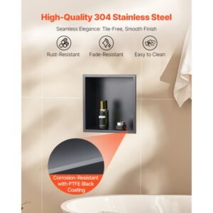 shower niche, 13 x 13 x 4 inch recessed wall niche, heavy duty stainless steel modern soap & shampoo storage organizer, sealed waterproof, durable & easy to install,black for bathroom