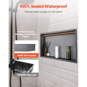 shower niche, 13 x 25 x 4 inch recessed wall niche with led strip,heavy duty stainless steel modern shampoo storage organizer,sealed waterproof, durable & easy to install,black for bathroom