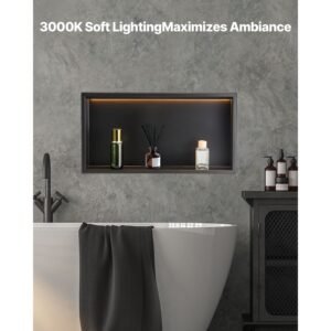 shower niche, 13 x 25 x 4 inch recessed wall niche with led strip,heavy duty stainless steel modern shampoo storage organizer,sealed waterproof, durable & easy to install,black for bathroom