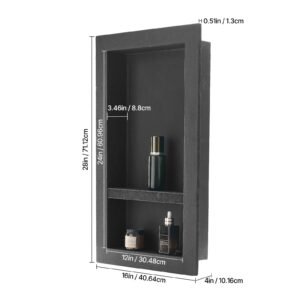shower niche, 16 x 28 x 4 inch recessed wall niche with movable divider shelf, modern soap & shampoo storage organizer, square corners, sealed waterproof design, black for bathroom shower