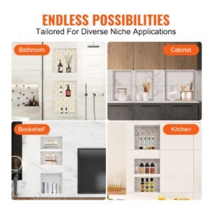 shower niche ready for tile 16" x 16" & 16" x 20", triple shelf organizer, square corners wall inserted niche recessed, sealed protection modern soap storage niche for shower bathroom, black