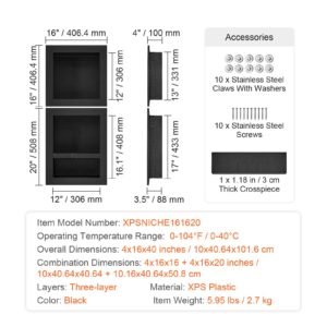 shower niche ready for tile 16" x 16" & 16" x 20", triple shelf organizer, square corners wall inserted niche recessed, sealed protection modern soap storage niche for shower bathroom, black