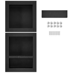 shower niche ready for tile 16" x 16" & 16" x 20", triple shelf organizer, square corners wall inserted niche recessed, sealed protection modern soap storage niche for shower bathroom, black
