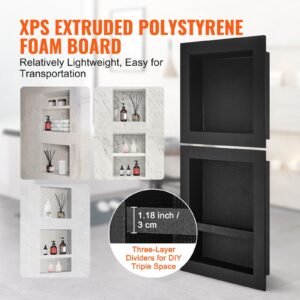 Shower Niche Ready for Tile 16" x 16" & 16" x 20", Triple Shelf Organizer, Square Corners Wall-inserted Niche Recessed, Sealed Protection Modern Soap Storage Niche for Shower Bathroom, Black
