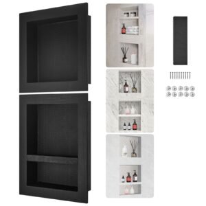 shower niche ready for tile 16" x 16" & 16" x 20", triple shelf organizer, square corners wall inserted niche recessed, sealed protection modern soap storage niche for shower bathroom, black