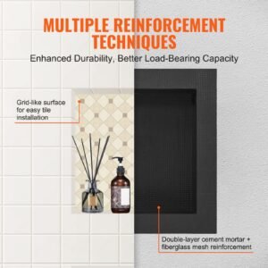 shower niche ready for tile 16" x 16", single shelf organizer, square corners wall inserted niche recessed, sealed protection modern soap storage niche for shower bathroom, black