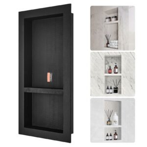 shower niche ready for tile 16" x 32", double shelf organizer, square corners wall inserted niche recessed, sealed protection modern soap storage niche for shower bathroom, black