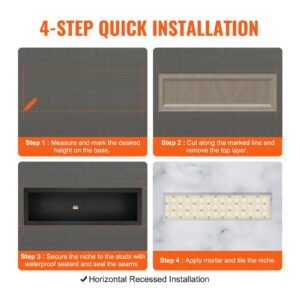 shower niche ready for tile 16" x 50", single shelf organizer, square corners wall inserted niche recessed, sealed protection modern soap storage niche for shower bathroom, black