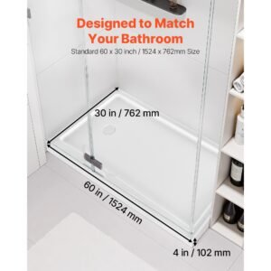 shower pan, 60″ l x 30″ w single threshold shower base, rectangle acrylic & pvc showering base in white, slip resistant showering pan bases with drain & cover for bathroom, left drain location