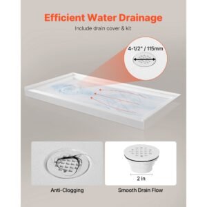 shower pan, 60″ l x 30″ w single threshold shower base, rectangle acrylic & pvc showering base in white, slip resistant showering pan bases with drain & cover for bathroom, left drain location