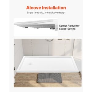 shower pan, 60″ l x 30″ w single threshold shower base, rectangle acrylic & pvc showering base in white, slip resistant showering pan bases with drain & cover for bathroom, left drain location